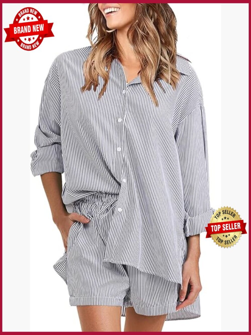 Womens Long Sleeve Button Down Shirt & Short Matching Set Summer 2 Piece